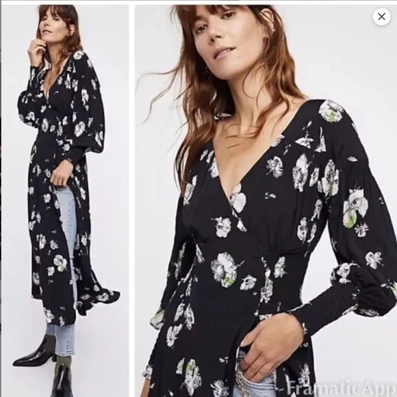 Free People Dark Floral Wrap Midi Dress M So Sweetly Balloon Sleeve Boho Witchy - Picture 2 of 14